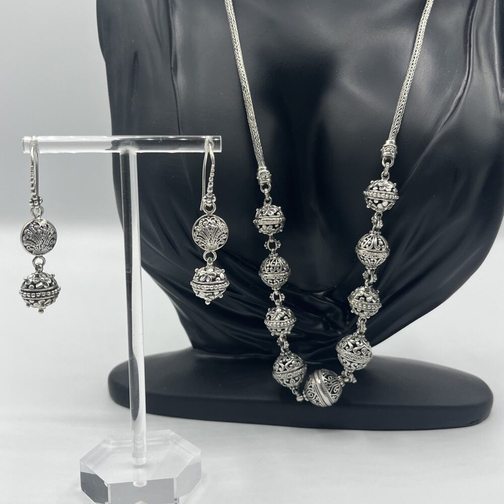 Sarda Sterling Silver 925 Necklace Wheat chain With Ornate Beads Earrings Set